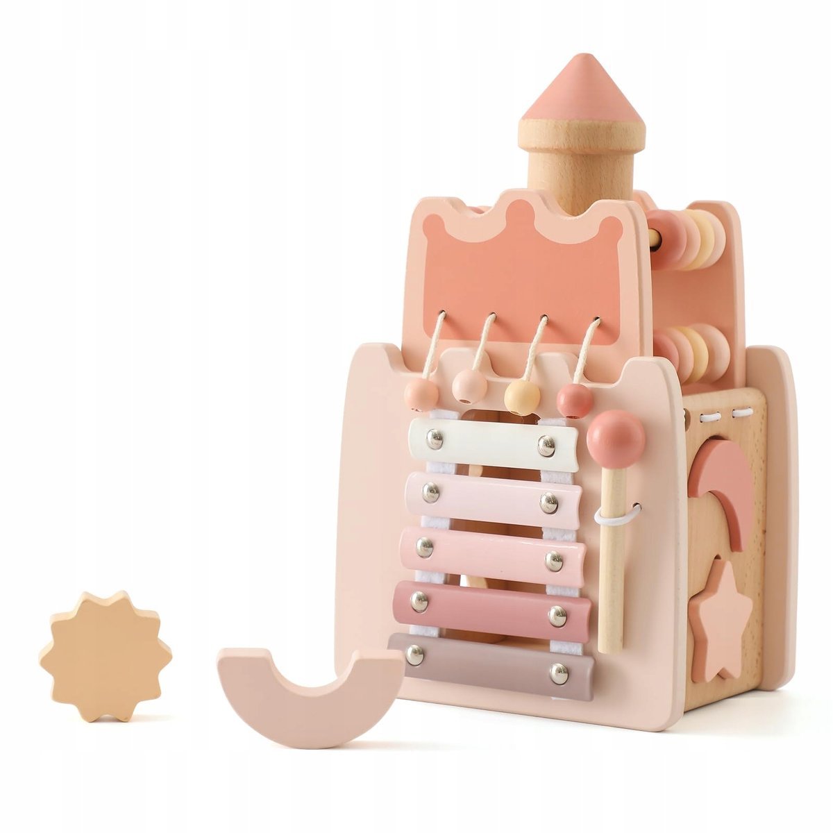 WOODEN TEETHER Drewniana Kostka Montessori Zabawka 5 w 1 Różowy Zamek