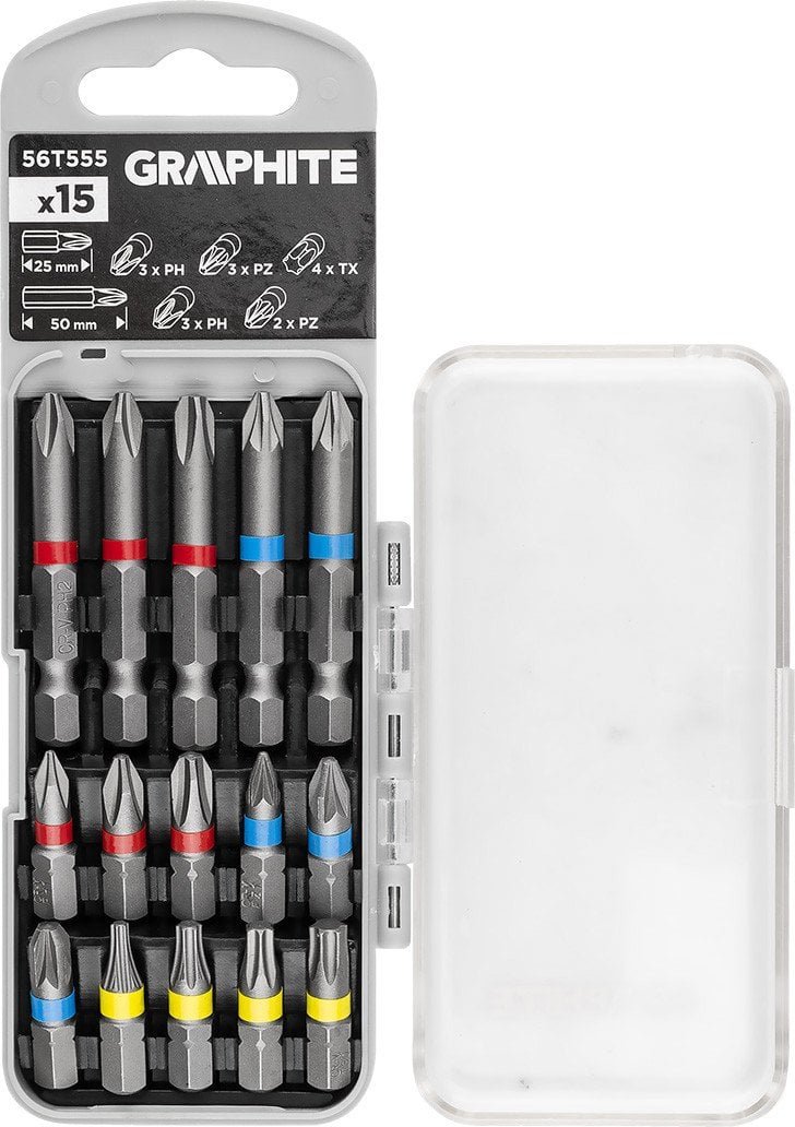 Zestaw bitów PH2x2, PH3, PZ2x2 x 50 mm, PH1/2/3, PZ1/2/3, TX10/20/25/30 x 25 mm, 15 szt.