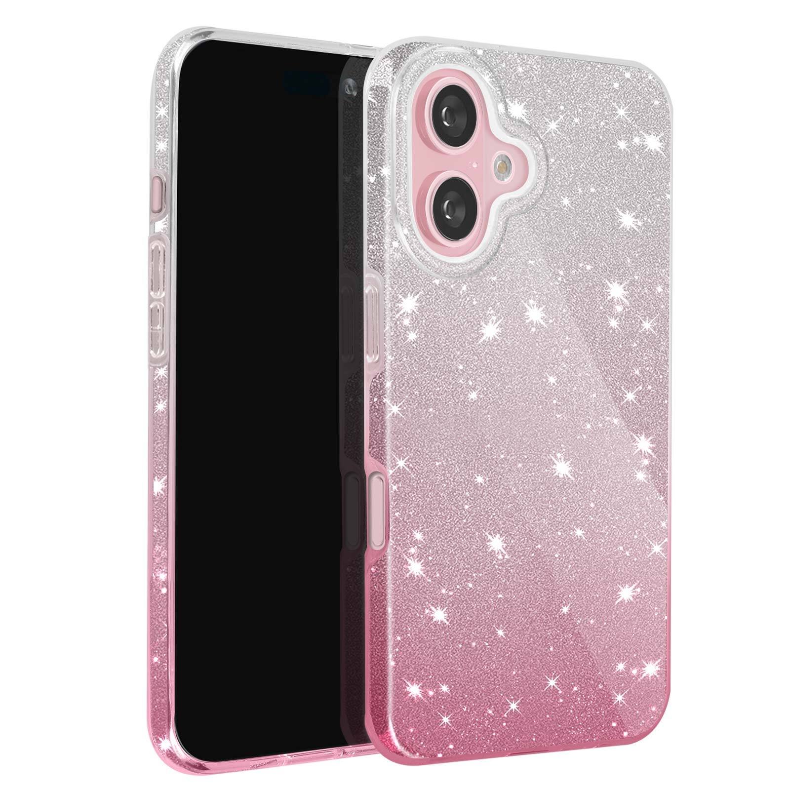 Avizar, brokatowe etui na iPhone'a 16, hybrydowe etui na telefon komórkowy metallic edge, biały/różowy