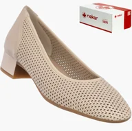 Czółenka - Czółenka Damskie RIEKER Buty Skórzane Ażurowe Na Klocku Beżowe 43459-60 36 - miniaturka - grafika 1