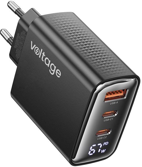 Ładowarka sieciowa Voltage GaN Charger 67W PD 3.0 QC 4.0 USB-A 2x USB-C Digital Display czarna