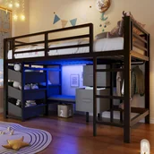 Łóżka dla dzieci i młodzieży - Łóżko średniej wysokości 90 x 200 cm z siedziskiem i szufladą materiałową - Metalowe - Diody LED - Czarne (Materac nie jest wliczony w cenę) - miniaturka - grafika 1