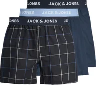 Majtki męskie - JACK&JONES bokserki męskie, 3-pak - JACJACKSON WOVEN BOXERS, logo w pasie, bawełna, kratka, jednolity kolor czarny/niebieski S - miniaturka - grafika 1