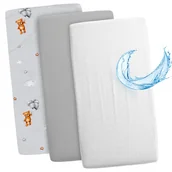 Prześcieradła dla dzieci - Zestaw 3 prześcieradeł z gumką do wózka dziecięcego: 83 x 50 cm - 2x prześcieradło + 1x wodoodporny ochraniacz na materac - akcesoria do łóżeczka dz.. - miniaturka - grafika 1