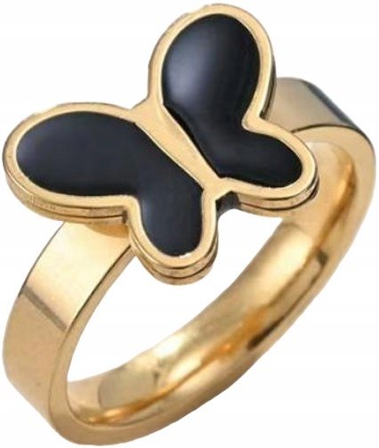 Złoty Pierścionek z Motylem Czarny Agat Elegancki Modny Stal Szlachetna