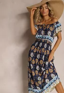 Sukienki - Granatowa Sukienka na Lato z Bawełny z Modelującą Gumką w Talii Deorna - miniaturka - grafika 1