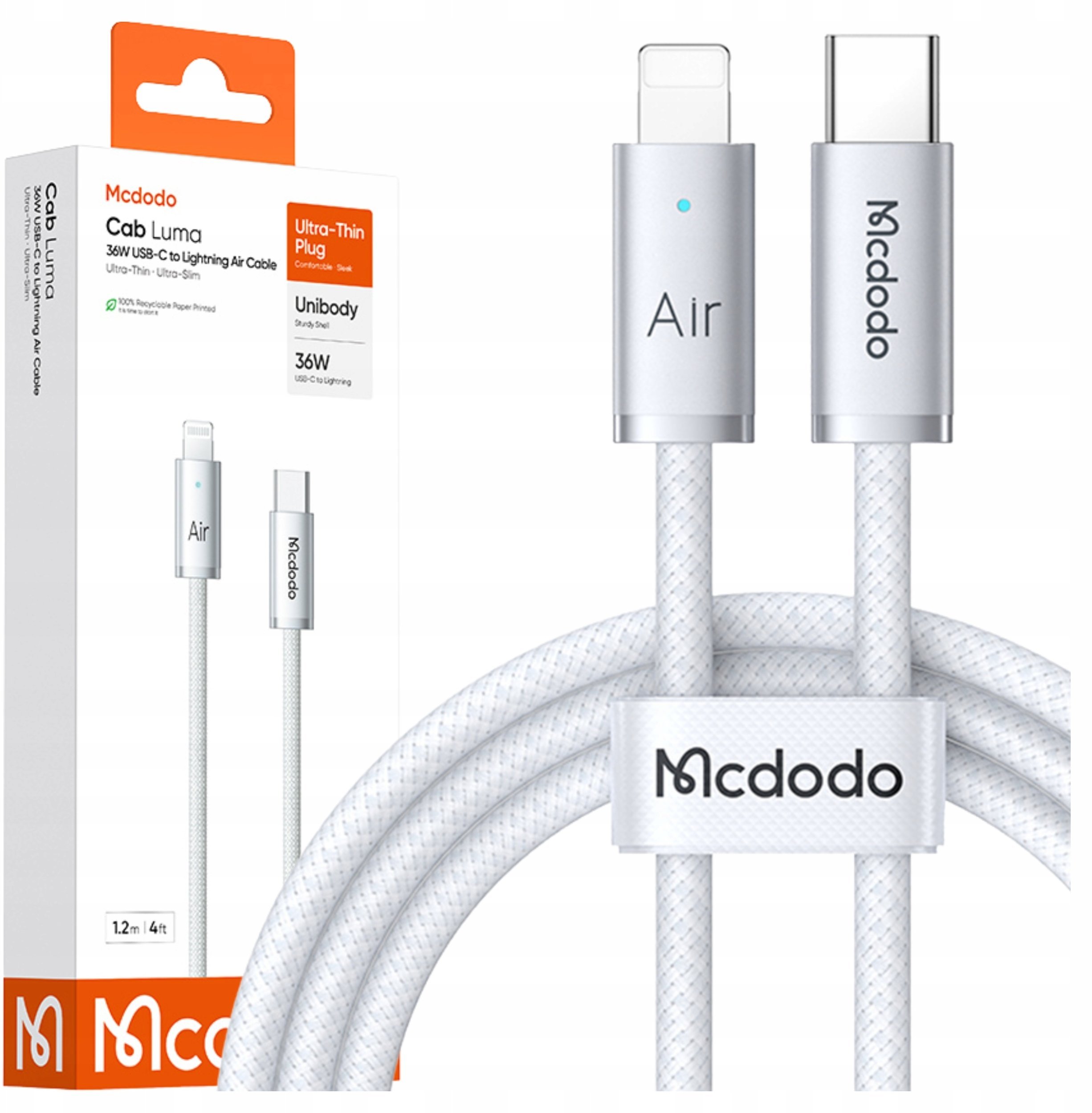 Mcdodo MCDODO KABEL USB-C LIGHTNING SZYBKIE ŁADOWANIE USB TYP C 36W 2M LED BIAŁY