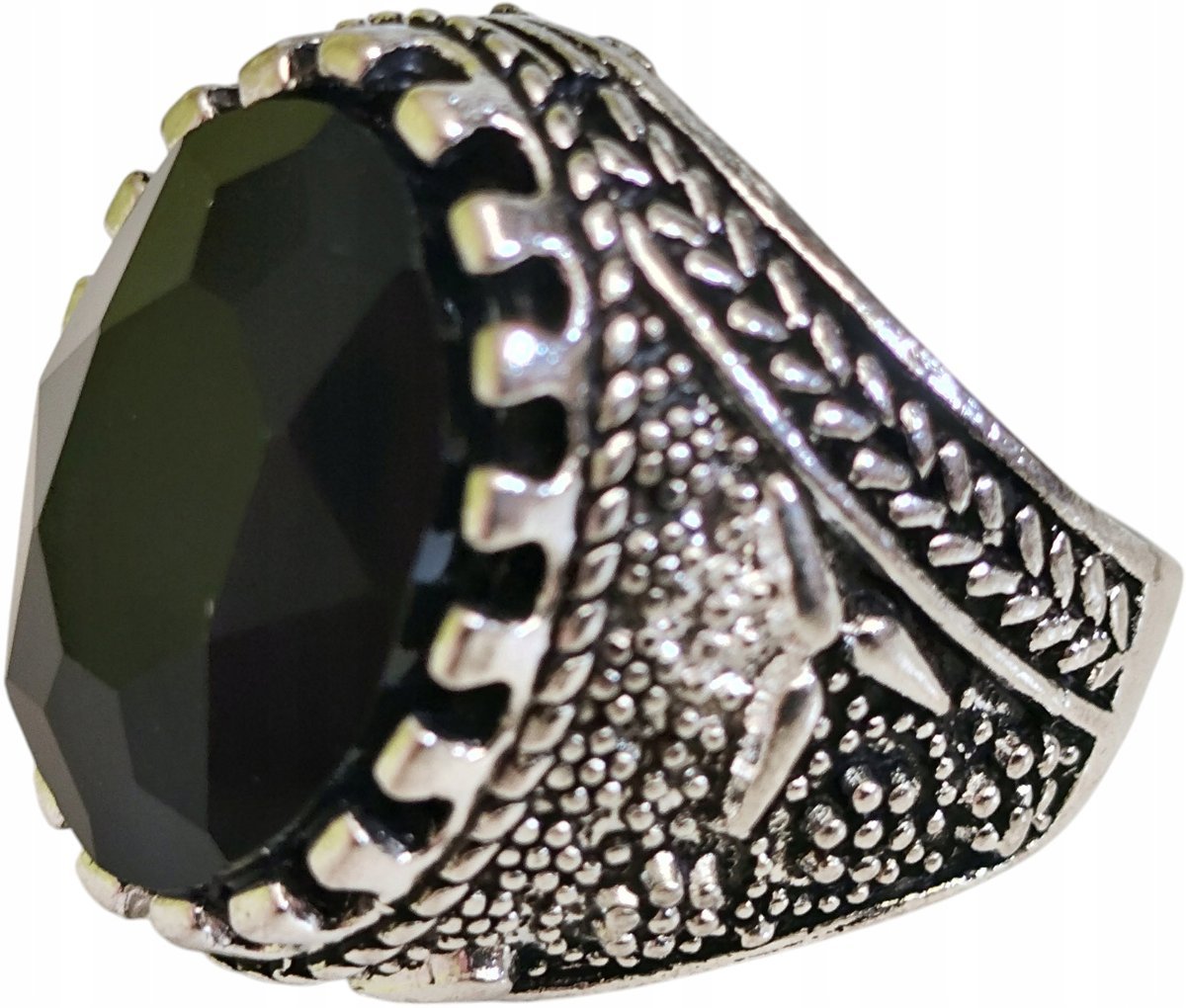 Srebrny Sygnet z Dużym Onysksem Czarny Kamień Stal Szlachetna Vintage