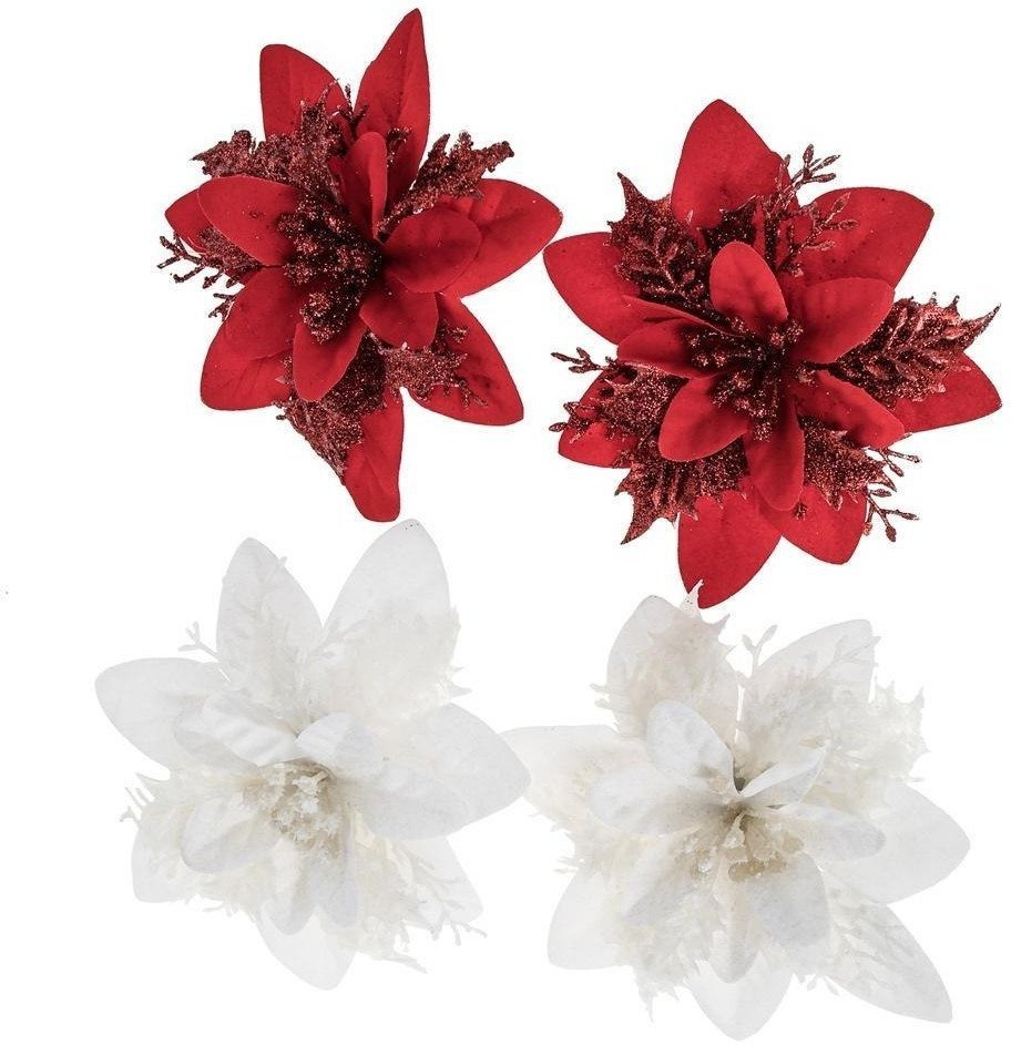 Eurofirany Kwiaty poinsecji białe, czerwone 14cm 4szt