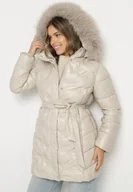 Kurtki damskie - Beżowa Pikowana Kurtka z Odpinanym Kapturem i Futerkiem Wiązana Paskiem Olenessa - miniaturka - grafika 1