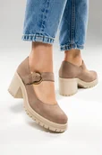 Półbuty damskie - Beżowe półbuty skórzane damskie na szerokim klocku platforma PRODUKT POLSKI Casu 20166 - miniaturka - grafika 1