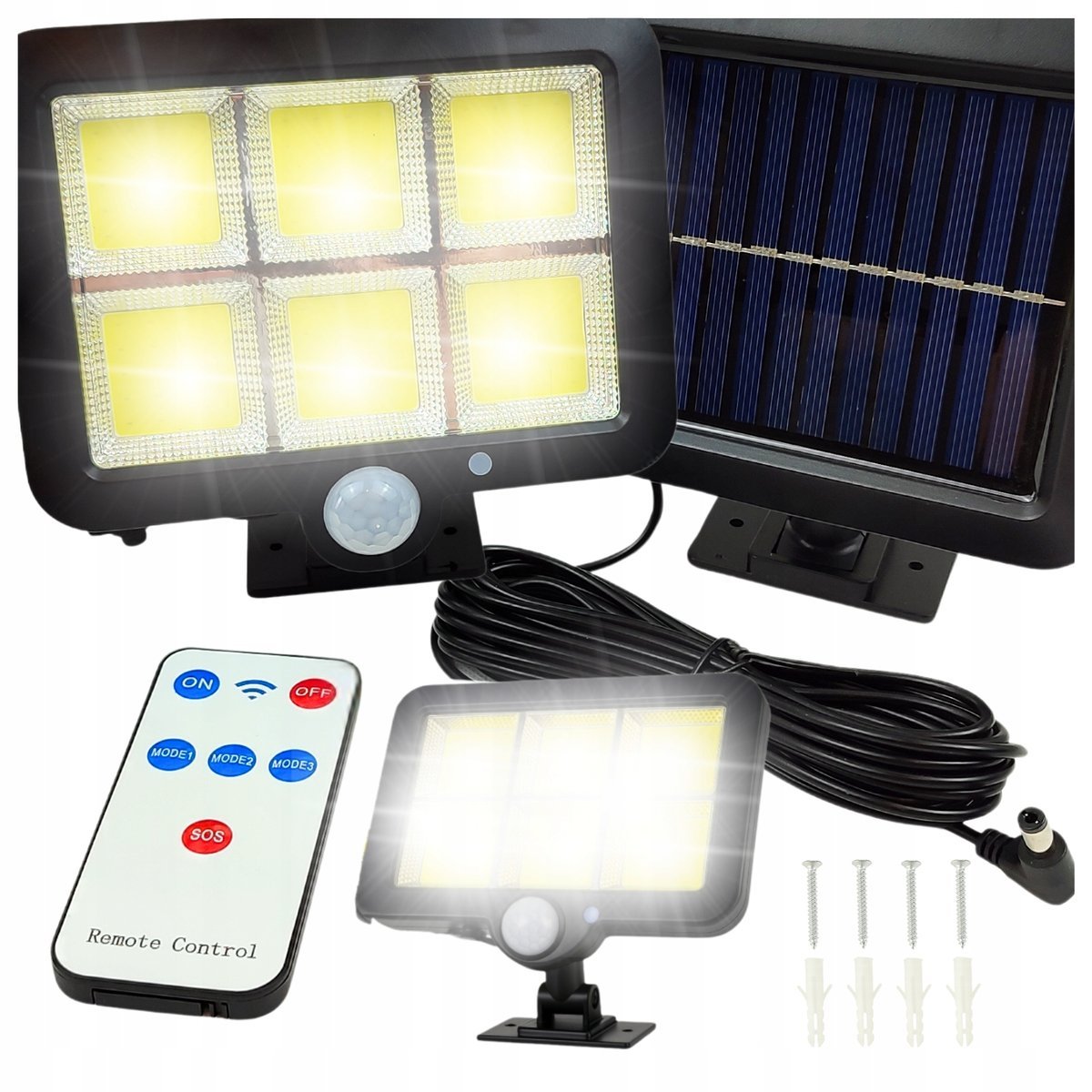 Lampa solarna LED 120 czujnik ruchu, zmierzchu pilot uliczna ogrodowa mocna