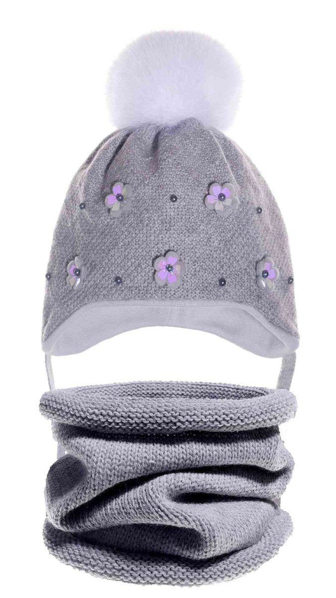 Dziewczęcy komplet czapka i komin w kwiaty jasnoszary Ambra r.36/38