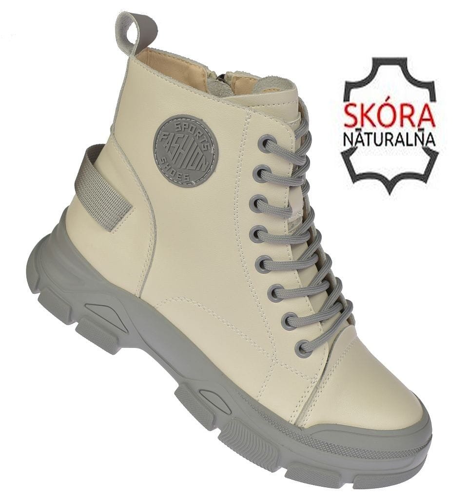 Botki skórzane damskie B-3-1502 białe ocieplane glany trzewiki zimowe roz. 37