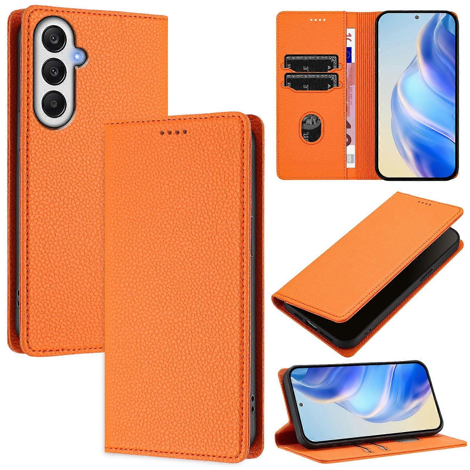 Etui portfelowe RFID Litchi Texture Leather z teksturą skóry kompatybilne z Samsung Galaxy S24 FE Pomarańczowy