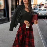 Sukienki - TEMU Elegancka Czerwono-Czarna Sukienka w Kratę A-Line z Dekoltem w i Kołnierzykiem - Krótka do Średniej Długości Zimowa Sukienka (Możliwość Prania w - miniaturka - grafika 1