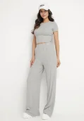 Komplety damskie - Szary Bawełniany Komplet Dopasowany T-shirt i Szerokie Spodnie Neliava - miniaturka - grafika 1