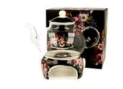 Dzbanki i imbryki - Duo Dzbanek Do Herbaty I Kawy Porcelanowy Z Podgrzewaczem Vintage Flowers Black Czarny 1 L - miniaturka - grafika 1