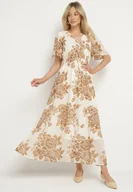 Sukienki - Jasnobeżowa Sukienka w Kwiaty o Rozkloszowanym Kroju z Wiązaniem Raloiti - miniaturka - grafika 1