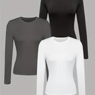 Bluzki damskie - TEMU 3-pak jednokolorowych koszulek z długim rękawem dla kobiet - dzianina poliestrowa, okrągły dekolt, regularny krój, kolekcja jesień/ - miniaturka - grafika 1