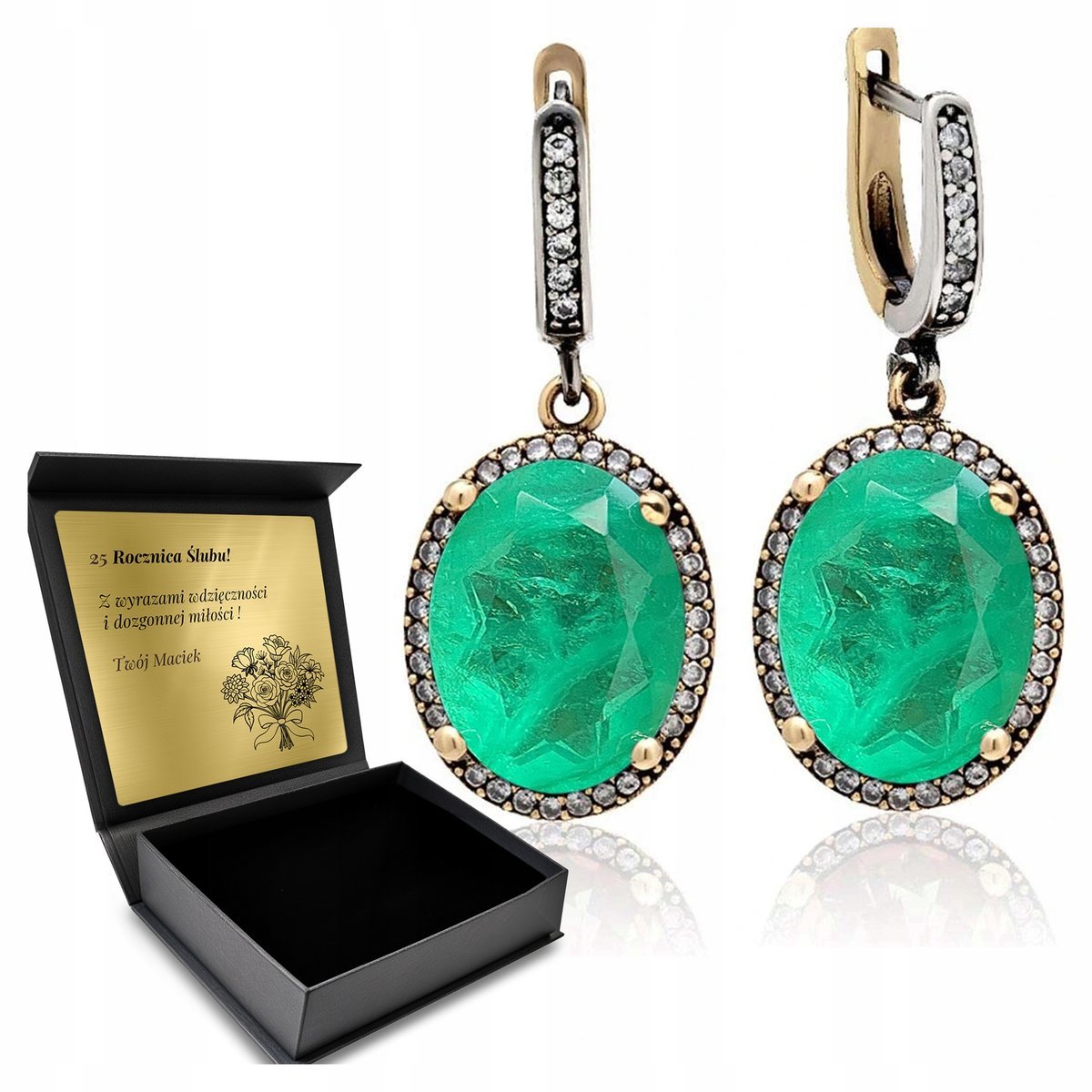 Kolczyki Srebrne 925 Cyrkonie I Turmalin Biżuteria Dla Kobiety + Grawer