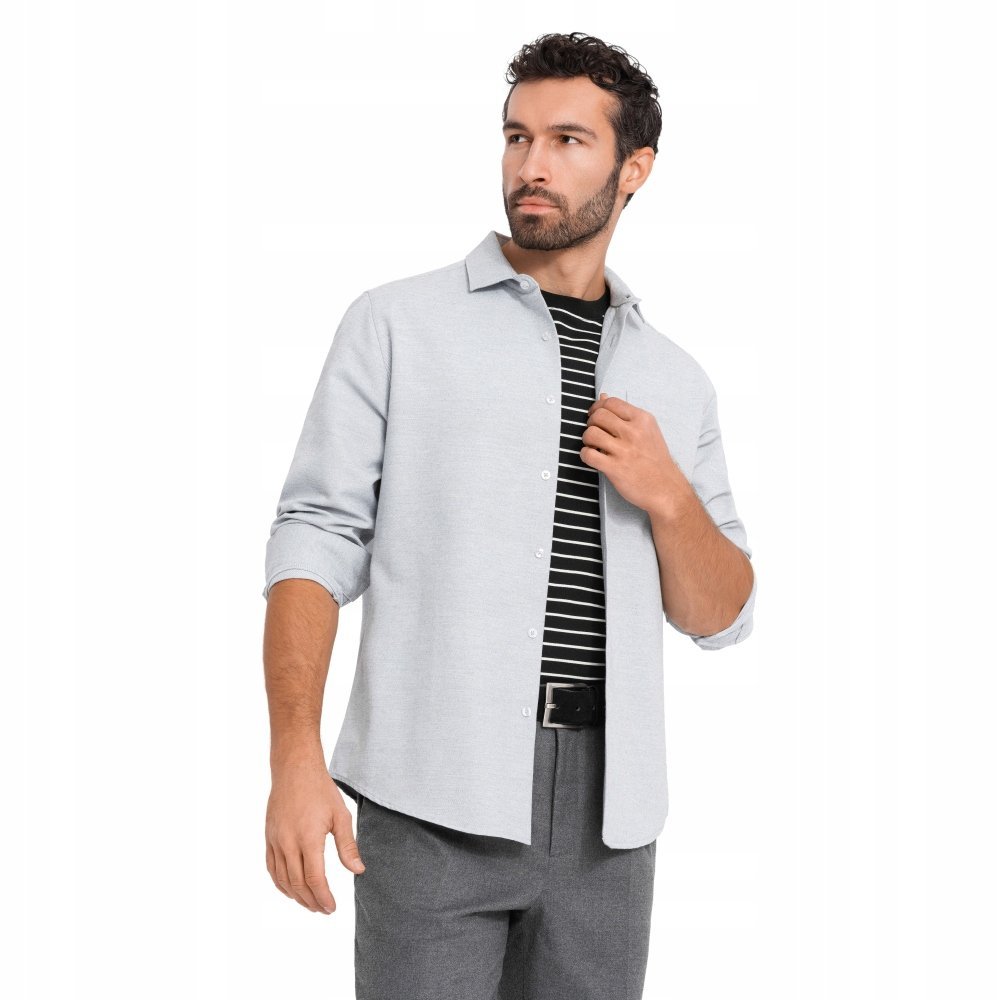 Koszula męska z kieszenią REGULAR FIT jasnoszary melanż V2 OM-SHCS-0148