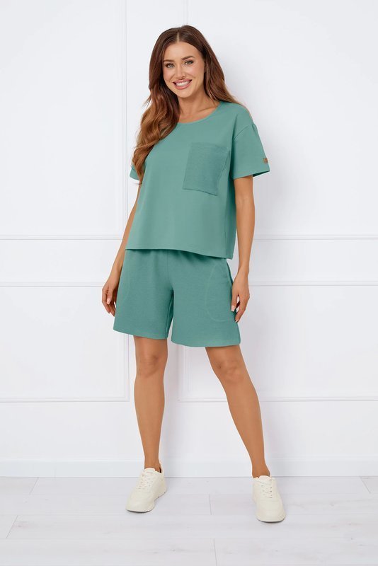 Komplet damski sportowy Bono z krótkim rękawem i krótkimi spodenkami, zielony szałwiowy, plus size S