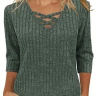 Bluzki damskie - TEMU Bluzka Damska Casual z Rękawem 3/4 - Lekki, Luźny Pulower z Dekoltem w Serek i Krzyżującym Przodem, Wygodna na Każdą Porę Roku, Jednokolorowa, - miniaturka - grafika 1