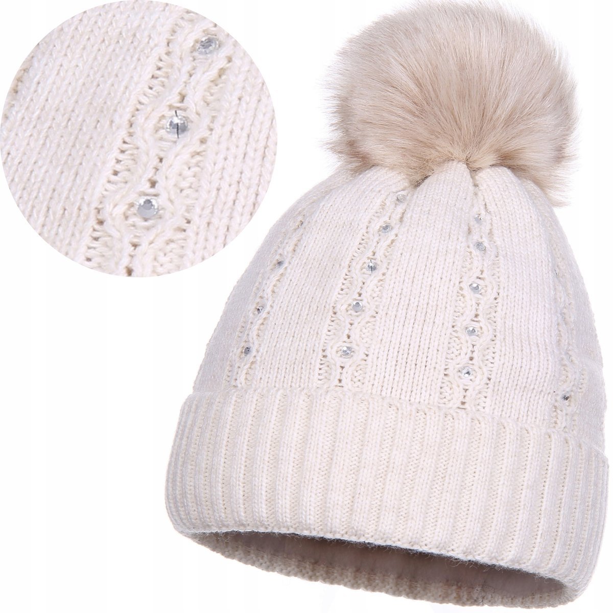 Czapka Zimowa Damska Ocieplana Z Pomponem Ozdobne Dżety Beż Beżowy