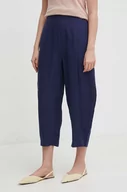 Spodnie damskie - United Colors of Benetton spodnie lniane kolor granatowy szerokie high waist - miniaturka - grafika 1