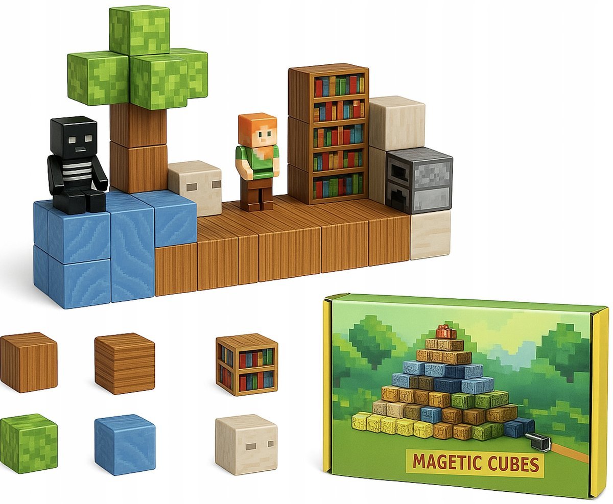 KLOCKI MAGNETYCZNE SZEŚCIANY 50 KLOCKÓW 2 FIGURKI DEDYKOWANE KARTONIKU