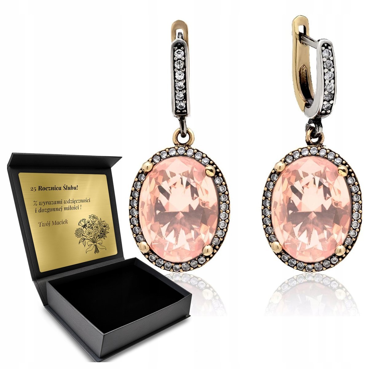 Kolczyki Srebrne 925 Cyrkonie Morganit Biżuteria Dla Kobiety + Grawer