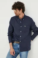 Koszule męskie - Lacoste koszula lniana kolor granatowy regular z kołnierzykiem button-down - miniaturka - grafika 1