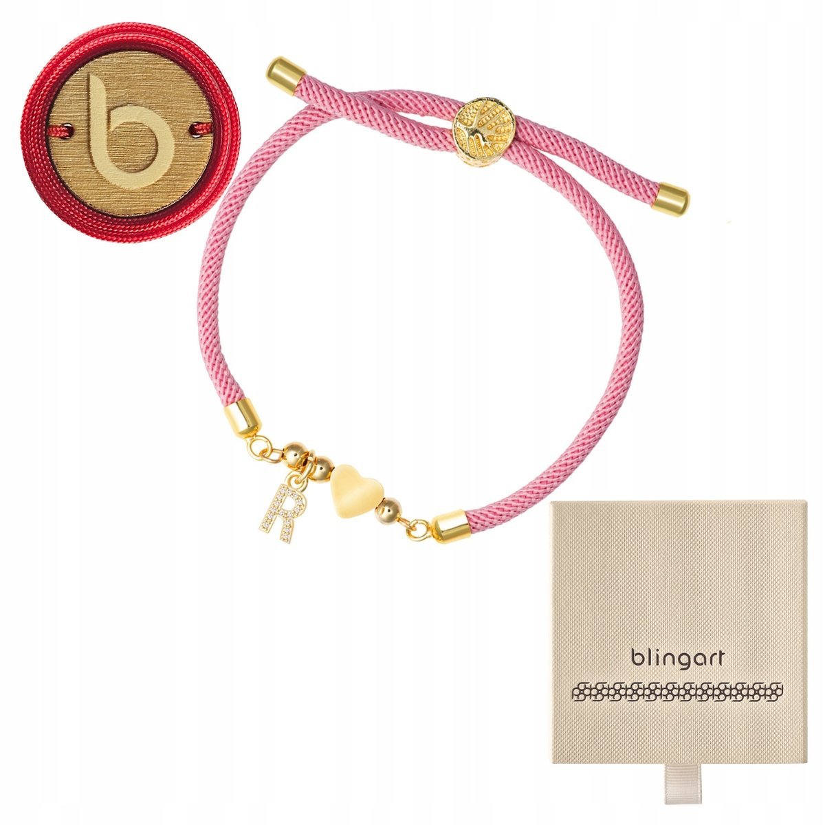 Bransoletka sznurkowa LITERKI serduszko RÓŻOWA regulowana LITERA BLINGART