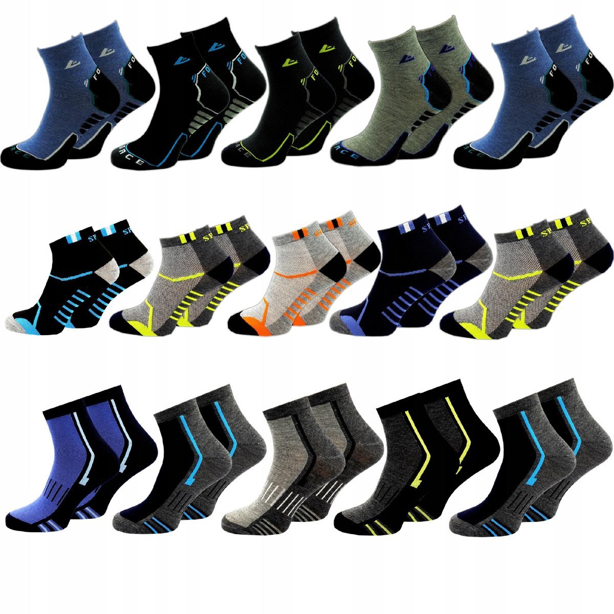 15 x Męskie Skarpety STOPKI Sportowe Krótkie Kolorowe Bawełniane 40-43