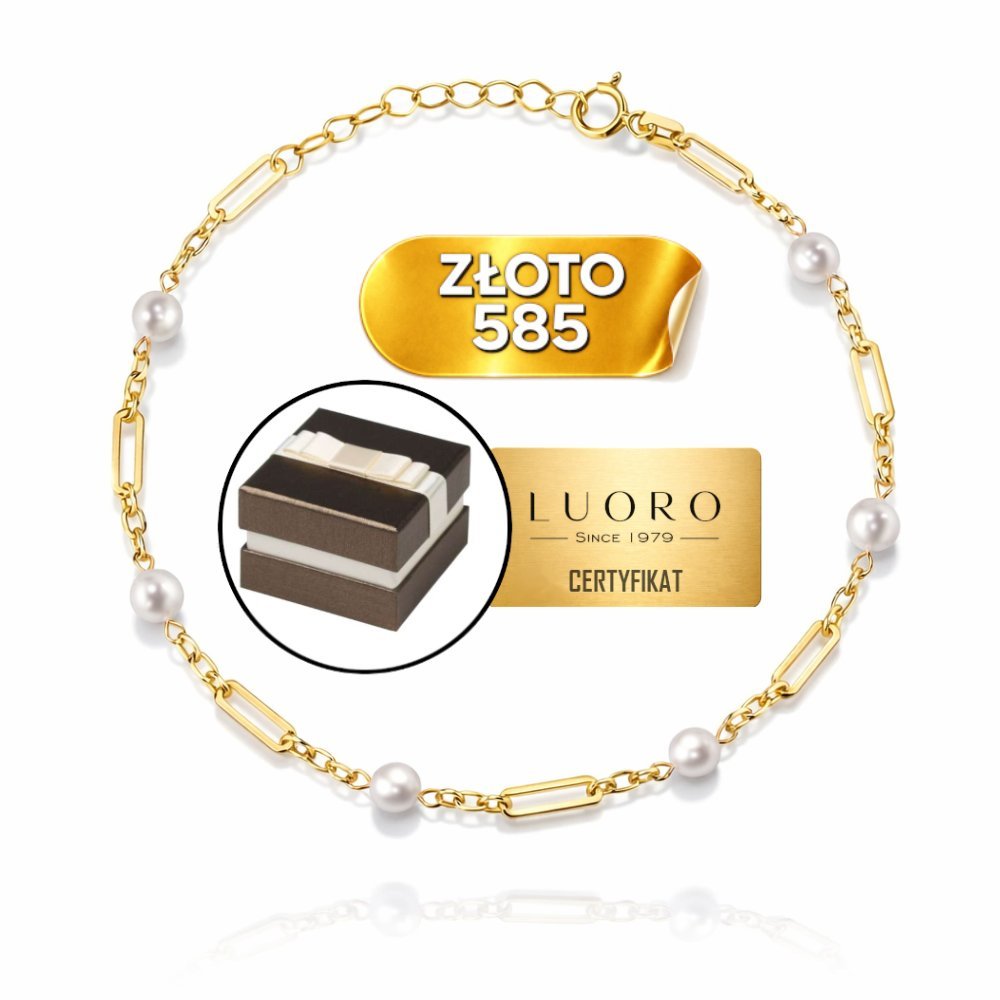 BRANSOLETKA ZŁOTA 585 14K DŁUGIE OGNIWA PERŁY 16,5 CM REGULOWANA