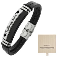 Bransolety męskie - Bransoletka męska SKÓRZANA z grawerem srebrno złot - miniaturka - grafika 1