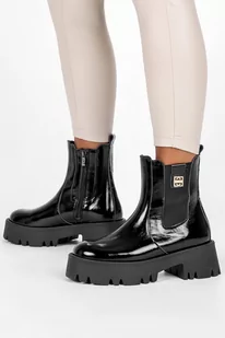 Czarne botki skórzane damskie na platformie lakierowane z gumką złota ozdoba PRODUKT POLSKI Casu 60453-37 - Botki damskie - miniaturka - grafika 1