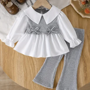 TEMU Zestaw dwuczęściowy dla dziewczynek z uroczym z pufowymi rękawami, kokardką i rozkloszowanymi spodniami, model P101792, do użytku na zewnątrz - Spodnie i spodenki dla dziewczynek - miniaturka - grafika 1