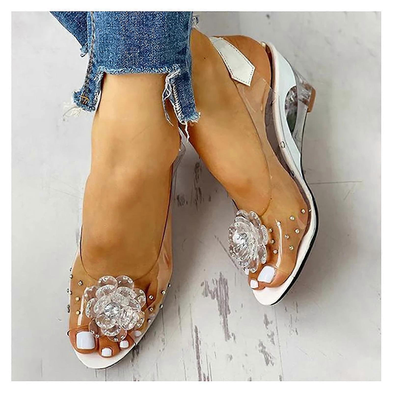 Ćwiekowane kwiaty Przezroczyste sandały Przezroczyste Rhinestone Wedge Heel Sandały Damskie buty na co dzień Biały 41