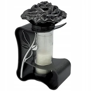 Znicz na Grób Nowoczesny Srebrny Lampion z Różą Tuba + Wkład Parafinowy - Lampiony i znicze - miniaturka - grafika 1