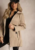 Kurtki damskie - Beżowa Kurtka w Stylu Parki z Rękawami z Regulacją Kapturem i Troczkami Terilanita - miniaturka - grafika 1