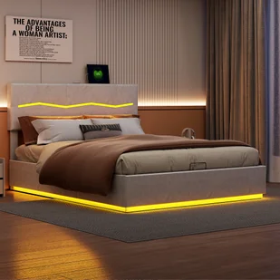 Łóżko tapicerowane 160x200cm z listwowym stelażem i schowkiem, łóżko na sprężynach skrzyniowych z ramą łóżka Led, odtwarzaczem Bluetooth i USB, podwójne łóżko do przechowywania funkcjonalne łóżko z imitacji skóry, beżowe - Łóżka - miniaturka - grafika 1