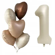 Baby shower i roczek - BALONY NA ROCZEK ZESTAW BALONÓW URODZINOWYCH CYFRA 1 BEŻ BALONY SERCA HEL - miniaturka - grafika 1