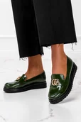 Mokasyny damskie - Zielone mokasyny lakierowane ze złotą ozdobą POLSKA SKÓRA Casu 920-GC - miniaturka - grafika 1