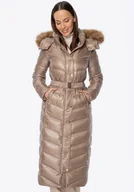 Płaszcze damskie - Pikowany damski płaszcz z naturalnym puchem beżowy - miniaturka - grafika 1