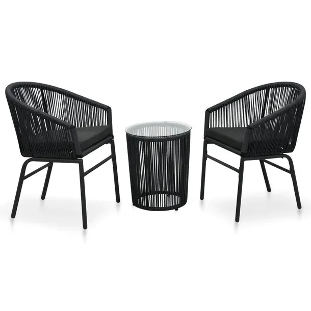 Zestaw Bistro z Rattanu PE Czarny, 2 Krzesła, Stolik 35/40x48 cm, Szkło H