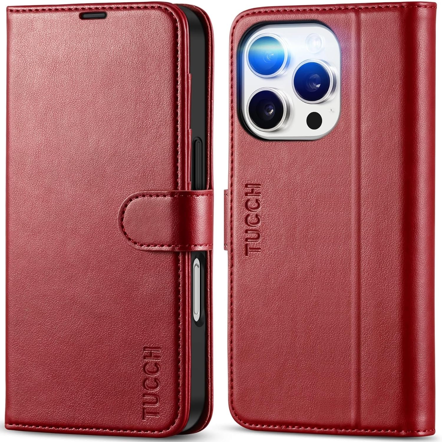Etui z klapką Tucch do Apple iPhone 16 Pro czerwony skóra Portfel Rfid