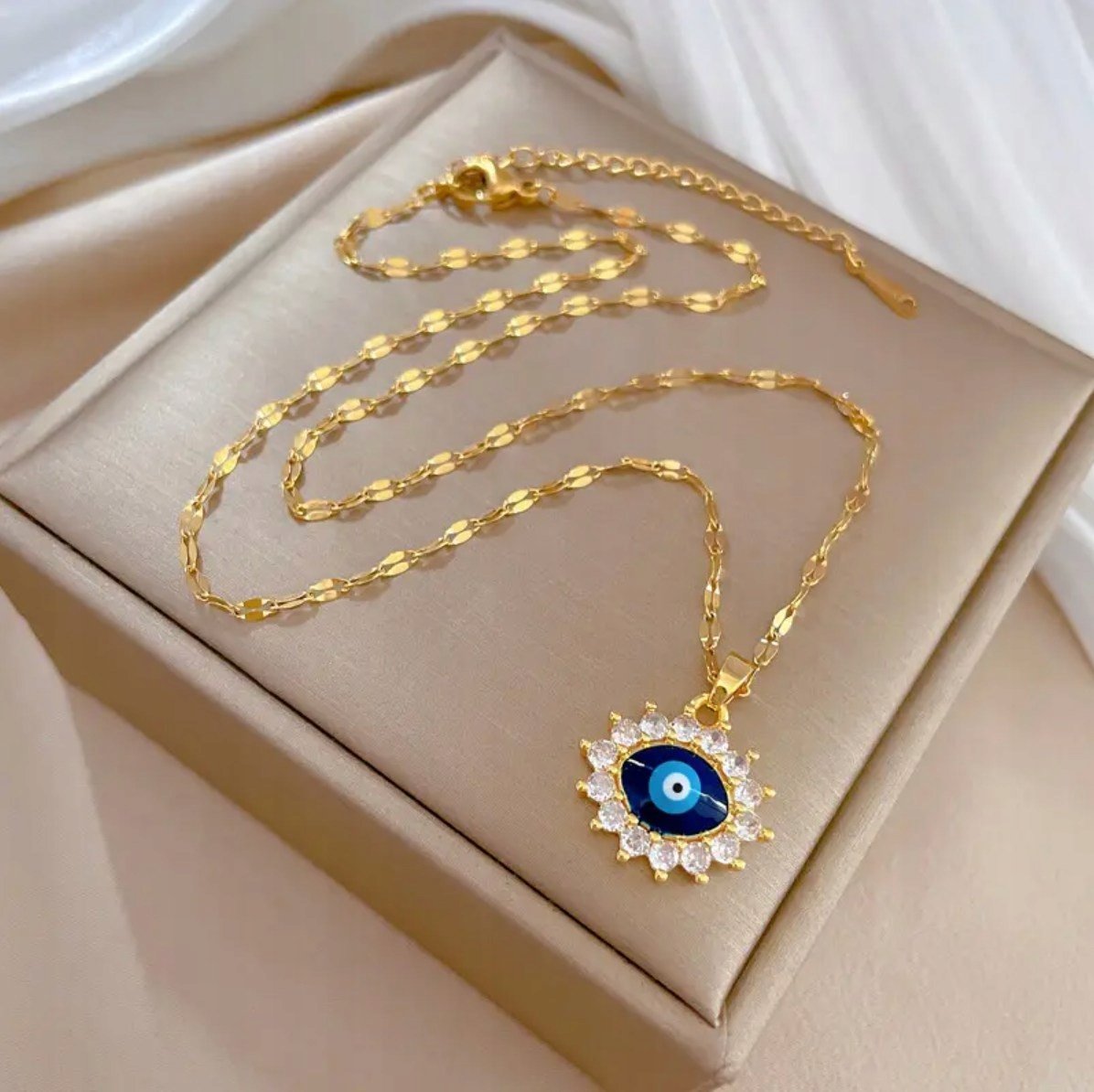 Złoty Naszyjnik Niebieskie Oko Proroka Cyrkonie Stal Szlachetna na Prezent