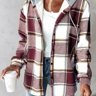 Kurtki damskie - TEMU Damski Kapturowy Płaszcz w Kratę - Burgundowy/Beżowy/Biały Tartan z Pełnym Zamkiem, Pranie w Praniu Maszynowym, Casualowy do Eleganckiego - miniaturka - grafika 1